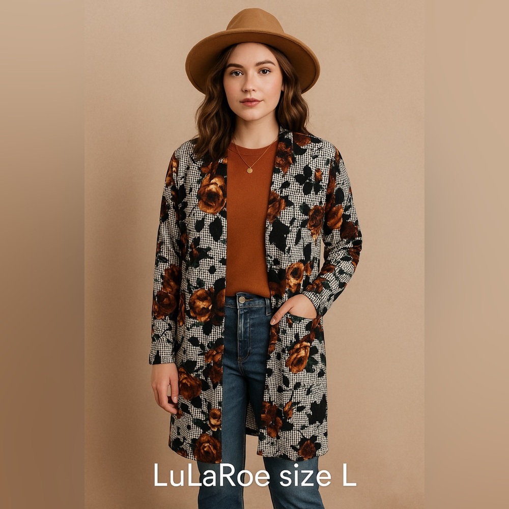 LuLaRoe Duster Cardigan Large Open Front Longline Floral Print Black White Rose